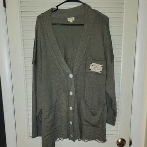 POL Oversized Boho Textured Knit Button Front Cardigan with Pocket Detail